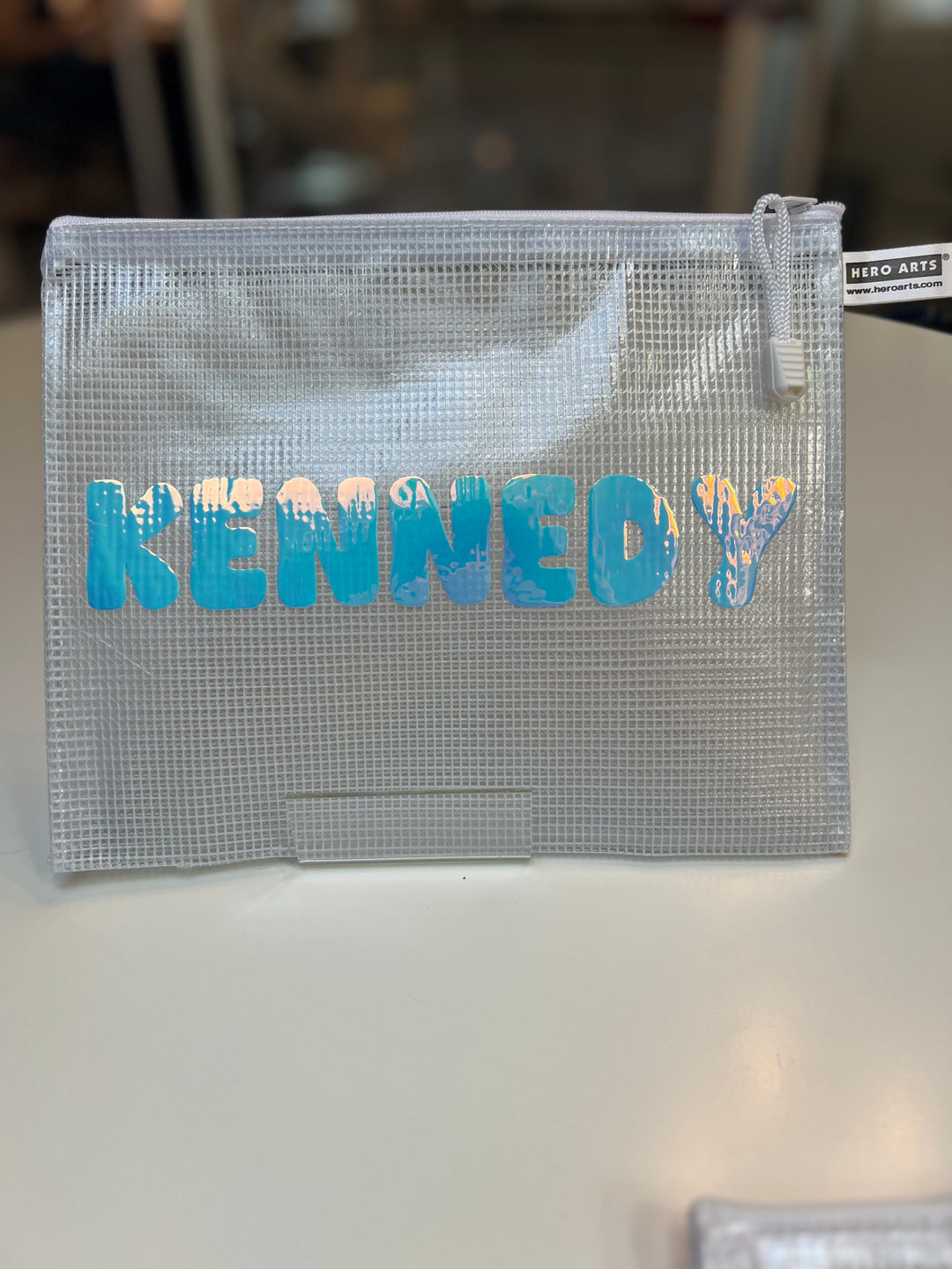 White Zipper Pouch - "Kennedy" in holographic vinyl