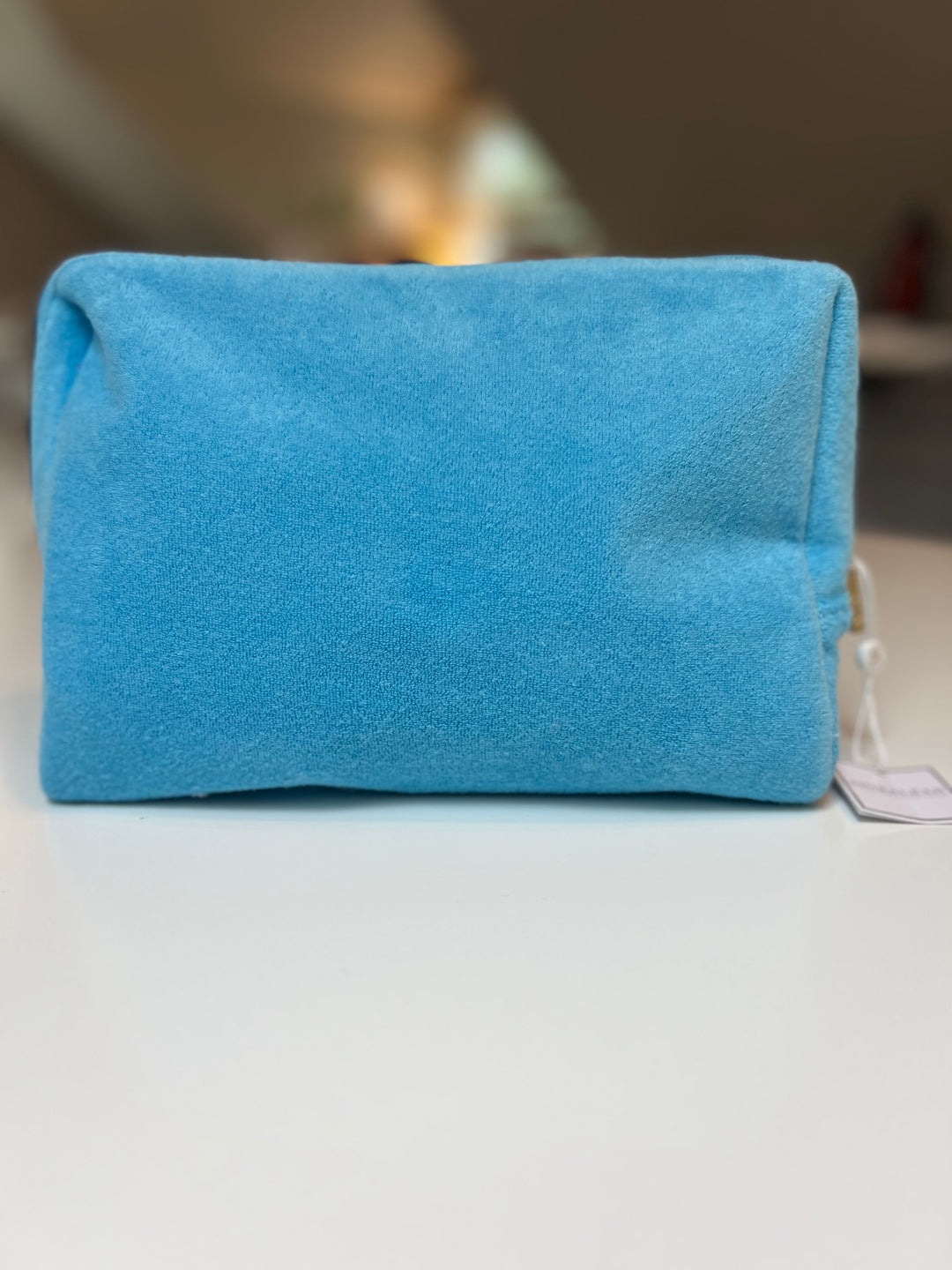Blue Terrycloth Zipper Pouch - Pink Stripe Interior