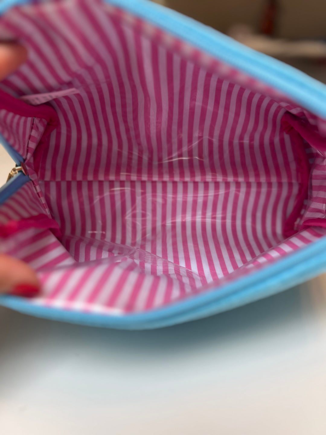 Blue Terrycloth Zipper Pouch - Pink Stripe Interior