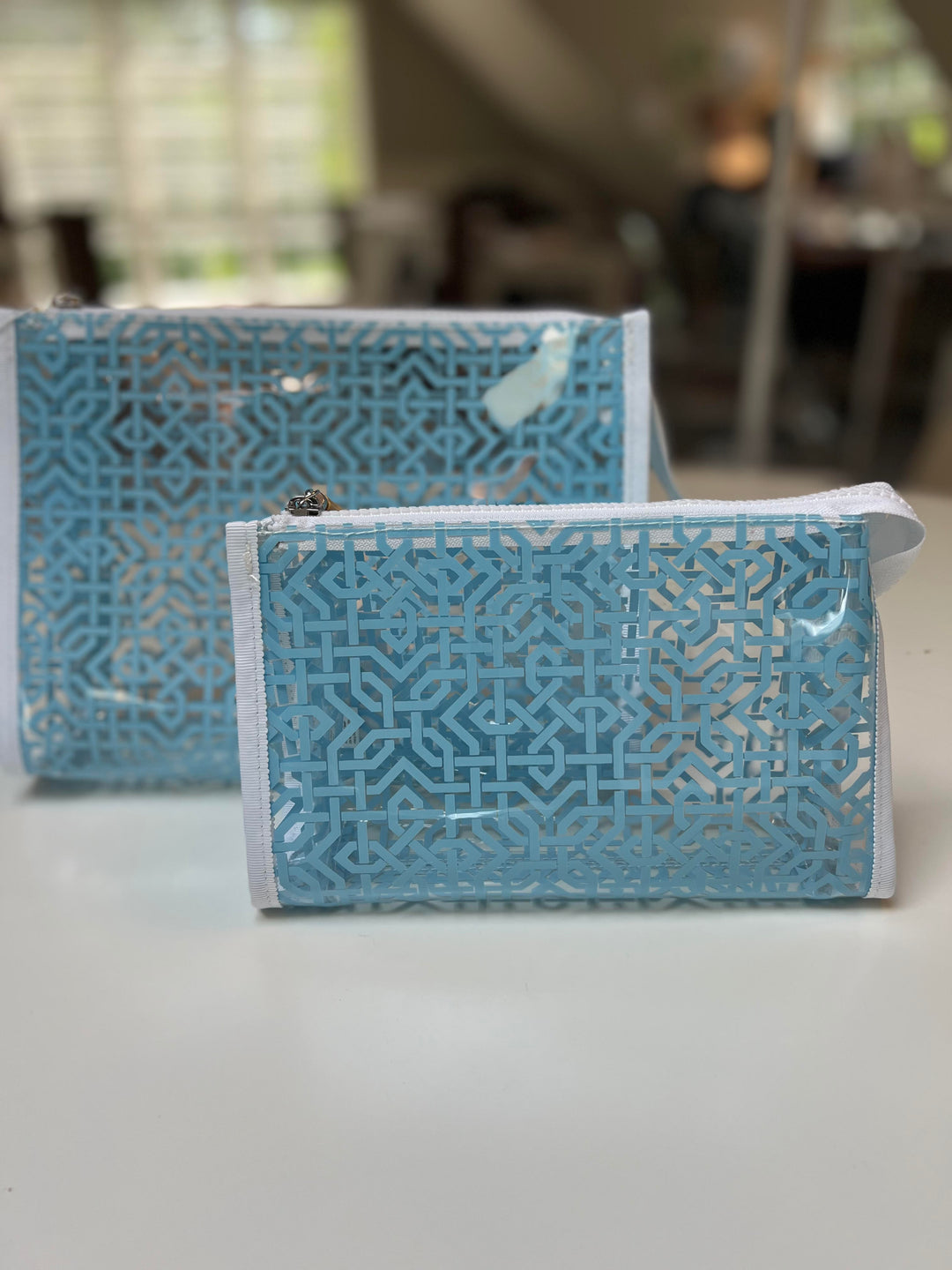 Blue Lattice Cosmetic Pouch Set (1 small, 1 large)